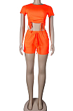 Pure Color Dew Waist Round Neck Short Sleeve Shorts Casual Sets KF272