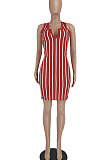 Red Women Stripe Printing Deep V Neck Fashion Cultivate One's Morality Mini Dress YBS6700-2