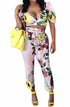 Sexy Women Fashion Stripe Printing V Meck Casual Short Sleeve Pants Sets PY813