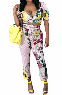 Sexy Women Fashion Stripe Printing V Meck Casual Short Sleeve Pants Sets PY813