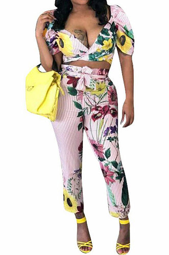 Sexy Women Fashion Stripe Printing V Meck Casual Short Sleeve Pants Sets PY813