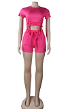 Pure Color Dew Waist Round Neck Short Sleeve Shorts Casual Sets KF272