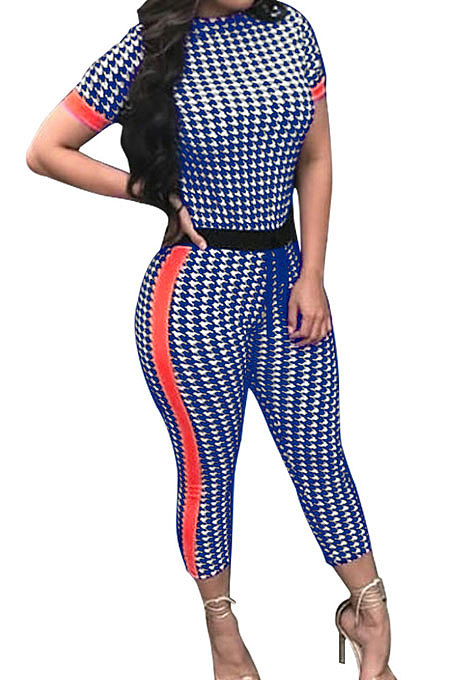 Blue Women Printing Broken Flower Spliced Bodycon Jumpsuits PY811-3