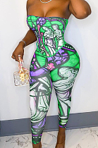 Green Euramerican Oil Painting Print Boob Tube Top Two Piece CYY00015-3