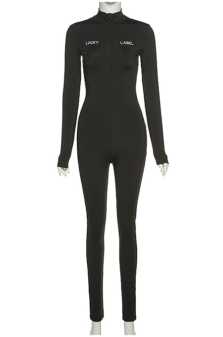 Black Embroidered Slim-Fit Carry Buttock Sports Jumpsuits SX0004-3