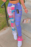 Casual Women Print Spliced Hollow Out Mid Waist Pants LSZ9050