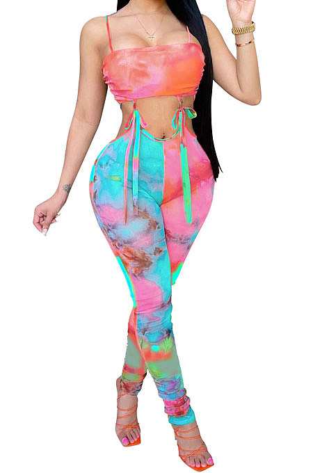 Pink Fashion Sleeveless Sexy Condole Belt Chest Wrap Bandage Long Pants Bodycon Jumpsuits XZ5179-4