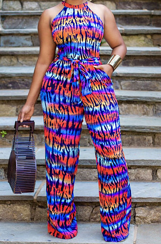 Blue Women Printing Off Shoulder Girdle Wide Leg Jumpsuits AD0603-2