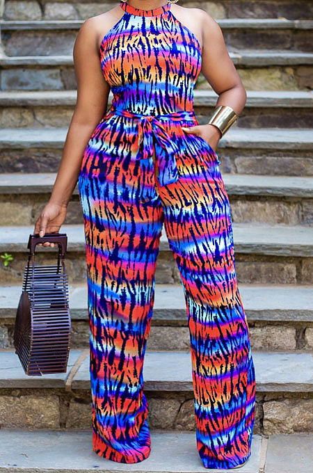 Blue Women Printing Off Shoulder Girdle Wide Leg Jumpsuits AD0603-2