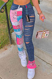Casual Women Print Spliced Hollow Out Mid Waist Pants LSZ9050