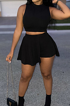 Black Casual Dew Waist Round Neck Vest Shorts Two Piece SM9188-3