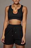 Black Euramerican V Neck Vest Shorts Sports Sets HY5231-2