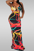 Red Sexy Tie Dye Print Sling Verst Long Dress OEP6296-2