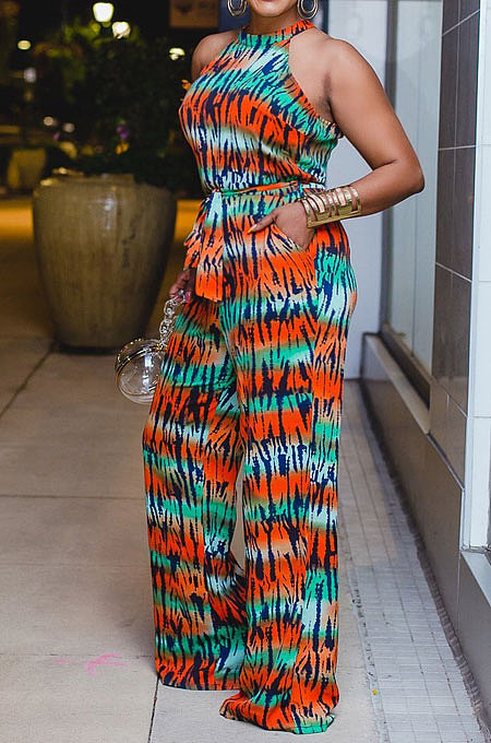 Light Green Women Printing Off Shoulder Girdle Wide Leg Jumpsuits AD0603-1