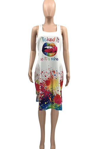 White Lips Splask-Ink Print Loose Casual Sleeveless Shorts Sets KY3082-1