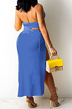 Blue Bandage Hang Buckle Halter Neck Long Dress YBS86712-5