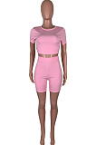 Pink Casual Short Sleeve Shorts Sports Two Piece MMS8041-1