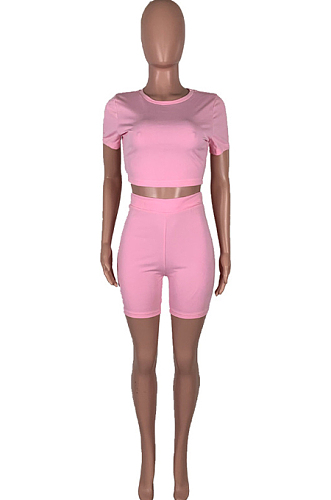 Pink Casual Short Sleeve Shorts Sports Two Piece MMS8041-1