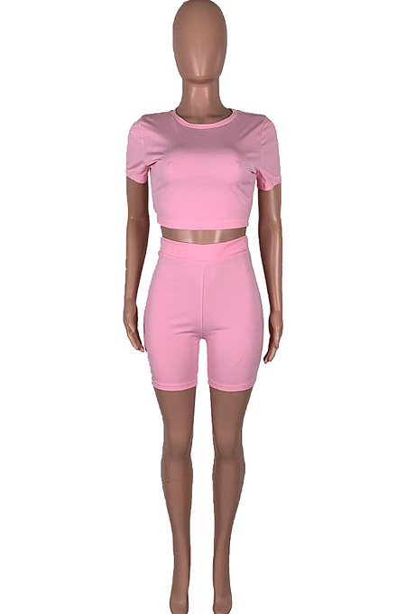 Pink Casual Short Sleeve Shorts Sports Two Piece MMS8041-1