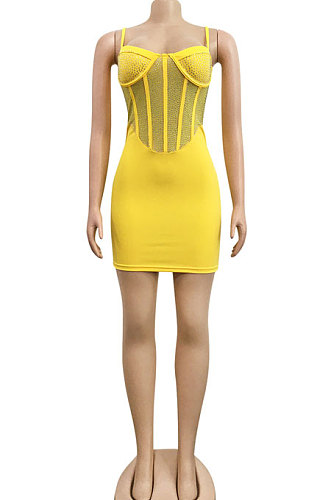 Yellow Sexy Condole Belt Chest Wrap Net Yarn Hot Drilling Pure Color Mini Dress XZ5132-4