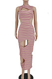 Pink Sexy Sleeveless Hollow Out Stripe Printing Midi Dress YBS86709-1
