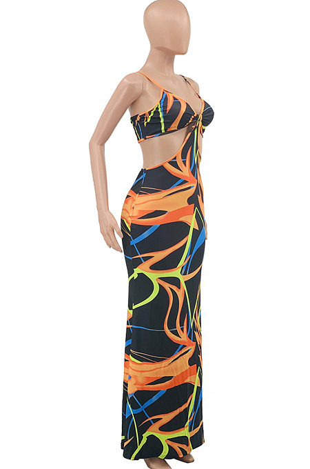 Yellow Sexy Tie Dye Print Sling Verst Long Dress OEP6296-1