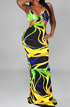 Green Sexy Tie Dye Print Sling Verst Long Dress OEP6296-4