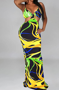 Green Sexy Tie Dye Print Sling Verst Long Dress OEP6296-4