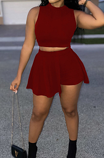 Wine Red Casual Dew Waist Round Neck Vest Shorts Two Piece SM9188-2