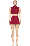 Wine Red Casual Dew Waist Round Neck Vest Shorts Two Piece SM9188-2