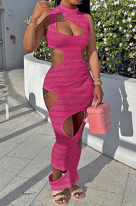 Rose Red Sexy Sleeveless Hollow Out Stripe Printing Midi Dress YBS86709-2