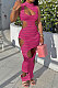 Rose Red Sexy Sleeveless Hollow Out Stripe Printing Midi Dress YBS86709-2