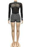 Black Sexy Round Neck Long Sleeve Hot Drilling Perspective Romper Shorts XZ5165-1