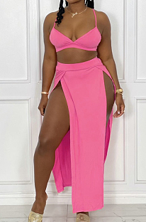 Rose Red Sexy Cute Sling Vest Open Fork Long Skirts Two Piece HY5232-2