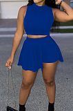 Royal Blue Casual Dew Waist Round Neck Vest Shorts Two Piece SM9188-1