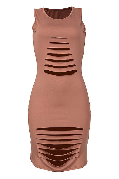 Brown Sexy Sleeveless Hollow Out Mini Dress MA6717-3