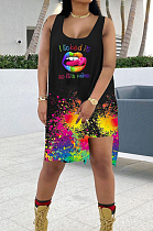 Black Lips Splask-Ink Print Loose Casual Sleeveless Shorts Sets KY3082-2