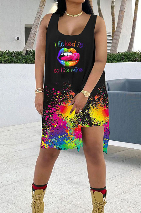Black Lips Splask-Ink Print Loose Casual Sleeveless Shorts Sets KY3082-2