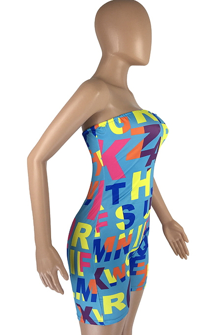 Light Blue Fshion Sexy Letter Print Elastic Tube Jumpsuits LMM8258-5
