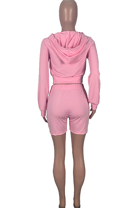 Pink Hooded Zipper Long Sleeve Shorts Sports Sets MMS8042-1