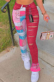 Casual Women Print Spliced Hollow Out Mid Waist Pants LSZ9050