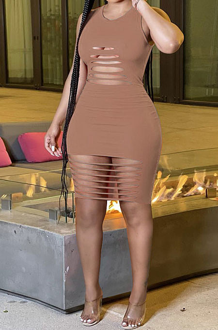 Brown Sexy Sleeveless Hollow Out Mini Dress MA6717-3