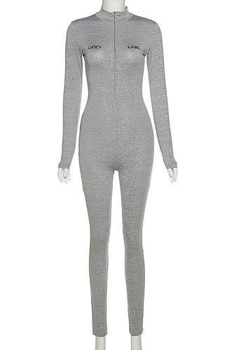 Grey Embroidered Slim-Fit Carry Buttock Sports Jumpsuits SX0004-2