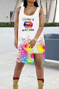 White Lips Splask-Ink Print Loose Casual Sleeveless Shorts Sets KY3082-1