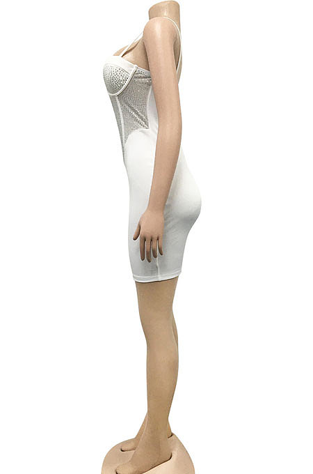 White Sexy Condole Belt Chest Wrap Net Yarn Hot Drilling Pure Color Mini Dress XZ5132-1