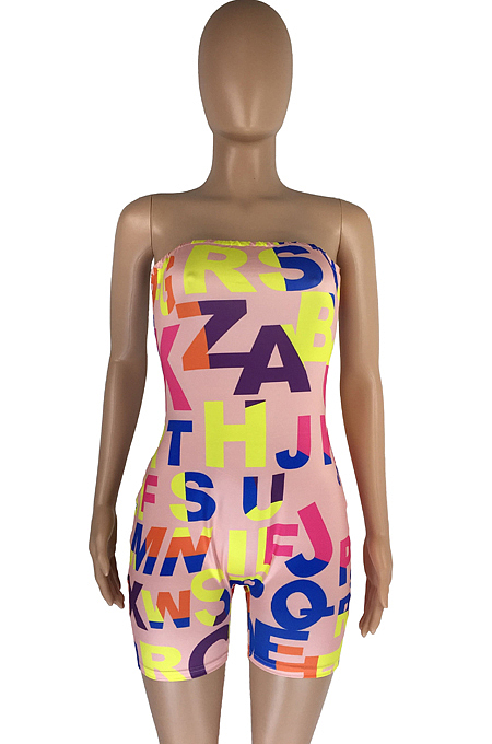 Pink Fshion Sexy Letter Print Elastic Tube Jumpsuits LMM8258-4