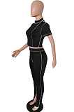 Black Streets Line Round Neck Short Sleeve Open Fork Pant Two Piece MLL161-1