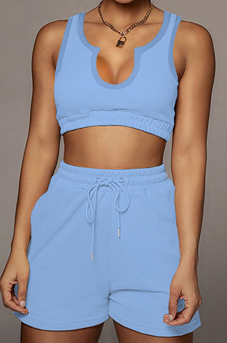 Blue Euramerican V Neck Vest Shorts Sports Sets HY5231-1