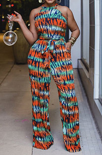 Light Green Women Printing Off Shoulder Girdle Wide Leg Jumpsuits AD0603-1