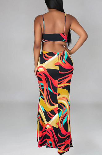 Red Sexy Tie Dye Print Sling Verst Long Dress OEP6296-2